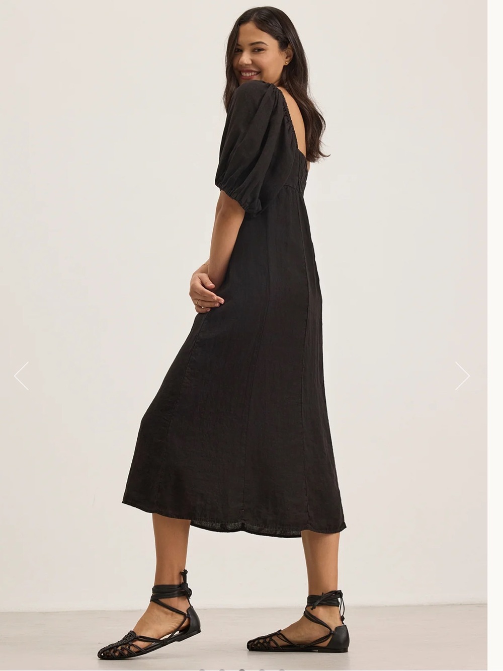 Velvet by Graham & Spencer Black Linen Puff-Sleeve Midi Dress Size S